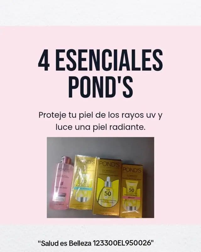 ¿Quieres una piel radiante y protegida todos los días? Te enseño mis 4 indispensables de Pond's." "Paso 1: Limpia y retira el maquillaje sin resecar gracias a su loción dual con Niacinamida." "Paso 2: Serum UV Miracle. La combinación perfecta para tratar e iluminar tu rostro." "Paso 3: Si tienes piel mixta a grasa, este protector FPS 50 te da acabado mate todo el día." "Paso 4: ¡O si buscas luminosidad extra, el UV Bright es la clave con FPS 50!" La rutina perfecta no tiene por qué ser complicada. Con la línea Pond's UV Miracle proteges tu rostro de los rayos UV mientras unificas e iluminas tu piel. 💖 🛒 ¿Cuál de estos es tu infaltable del día? ¡Cuéntame en los comentarios! 👇 #PondsUltraligero #PondsUltraligeroFM #Publicidad #for_metips #pondsmexico @POND´s México @For_me Tips