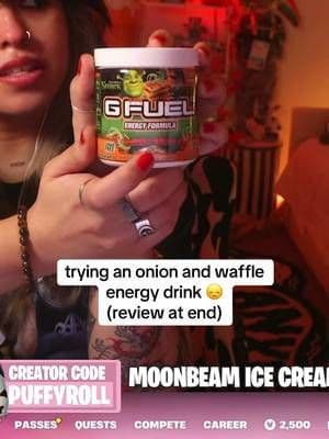 @G FUEL Energy came out with a shrek inspired energy drink of onions and waffles and i tried it during stream bc i live life dangerously and its quite 😀 use code PUFFYROLL for 30% off at gfuel for some onions and waffles holiday cheer?? white elephant gift?? #tiktokmademebuyit #tiktokshop #tiktokgaming