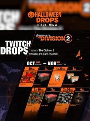 🎃 Twitch Drops are back in The Division 2! 👀 Watch streams starting Oct 21 at 12PM EST 🎁 Claim exclusive Halloween rewards just by watching. 🏁 Ends Nov 4 at 5:59PM EST. #TheDivision2 #TwitchDrops #ubisoftpartner #ad #HalloweenGaming #LootDrop #thedivision #ubisoft #ubisoftcreator #ubisoftgames