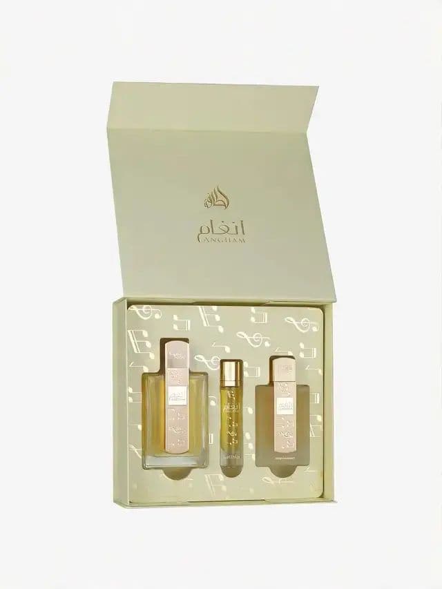 Meet Angham by Lattafa: a luxurious fragrance gift set inspired by music. Spicy ginger & pink pepper, soft jasmine & cacao, wrapped in creamy vanilla, amber and musk. 100ml EDP, travel spray & hair mist in one elegant box—made for winter nights, special dates and unforgettable gifts. Ready to let your fragrance hit all the right notes? #weeklydeals #payday #lattafa #fragrancegiftset #perfumelover #winterfragrance #tiktokshop