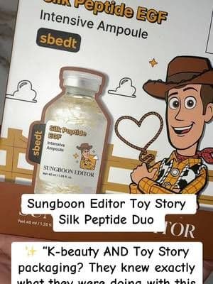 This duo pairs the Silk Peptide EGF Ampoule with a Deep Collagen Retinol product for a skincare routine focused on hydration, smoother-looking skin and overall skin appearance. Plus, that Toy Story collab packaging is adorable. #SungboonEditor #KBeauty #KoreanSkincare #SkincareRoutine #TikTokShop