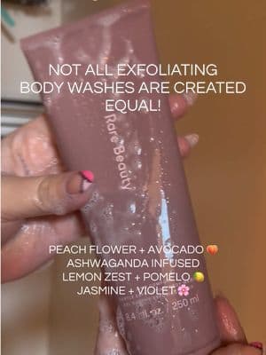 This @Rare Beauty Find Comfort Gentle Exfoliating Body Wash is the shower upgrade I didn't know I needed. Made with plant-derived konjac jelly, peach flower, avocado, and ashwagandha, this creamy exfoliating body wash gently buffs away dull skin while leaving skin soft, hydrated, and smooth. The scent is a beautiful blend of lemon zest, pomelo, jasmine, violet, tonka bean, cashmere wood, and vetiver for the ultimate self-care experience. #RareBeauty #dealsforyoudays #dfyd #summerwins #tiktokshopcreatorpicks