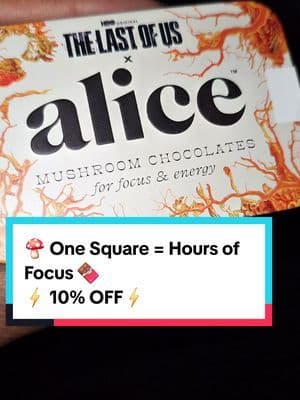 POV: One square had me locked-in for HOURS. This isn’t just chocolate — it’s Alice Mushroom Chocolates 🍄🍫 with Lion’s Mane + Cordyceps to help you stay clear, focused, and actually cross things off your list. Right now it’s 10% off, so if you see the orange cart above, it’s still available for you to grab it. Don’t wait. ... #fyp #fypシ #viral #tiktokmademebuyit #focus #studyhack #productivity #workfromhome #musthaves #abbydames #FunInTheSun #TikTokShopSummerTurnUp #Dealsforyoudays #superbrandday #tiktokshoplaborday #tiktokshoplabordaysale #tiktokshopblackfriday #tiktokshopbacktoschool #TikTokShopRestock #tiktokshopcreatorpicks #BahamianCreator #BahamianInfluencer #CaribbeanCreator #CaribbeanInfluencer #Austininfluencer #Austincreator #Texasinfluencer #Texascreator #UGC #TikTokpartner #blacktiktok